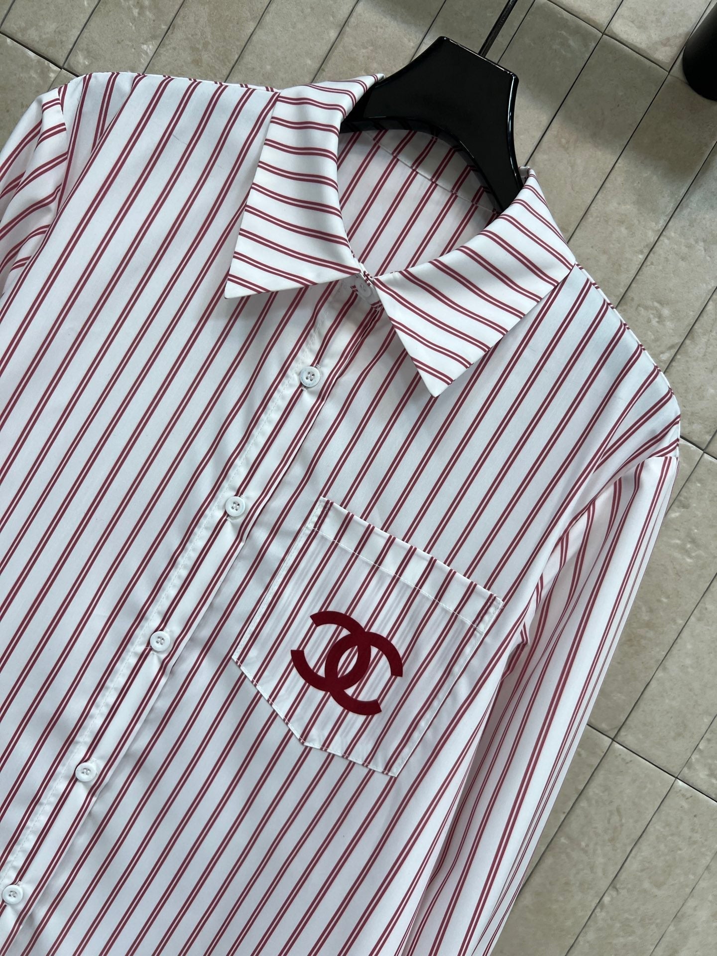Chanel 2026 Logo Embroidered Striped Shirt Pink and Black Cotton 355062