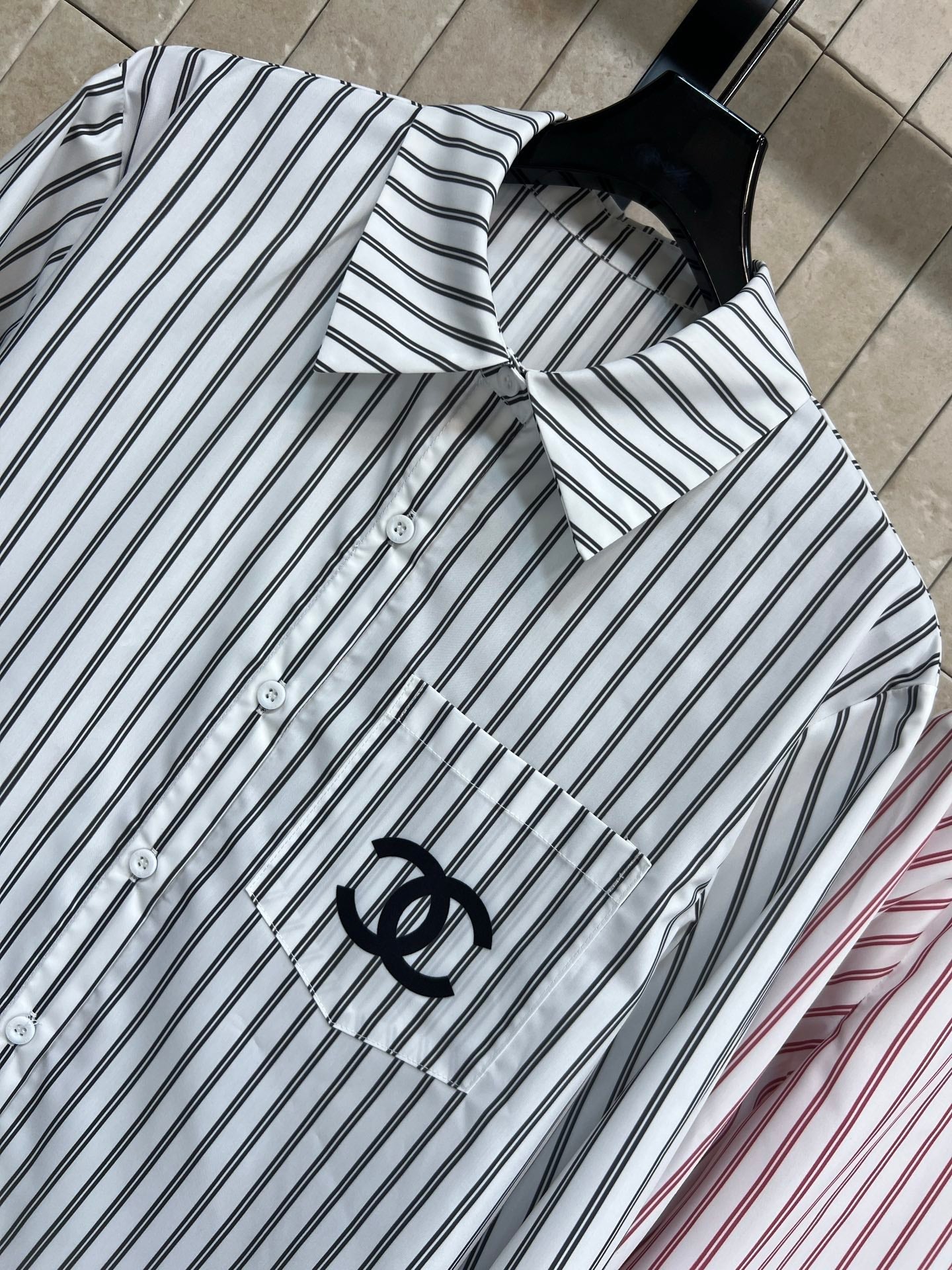 Chanel 2026 Logo Embroidered Striped Shirt Pink and Black Cotton 355062