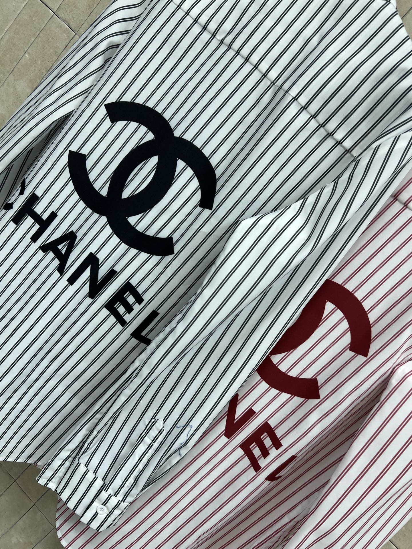 Chanel 2026 Logo Embroidered Striped Shirt Pink and Black Cotton 355062