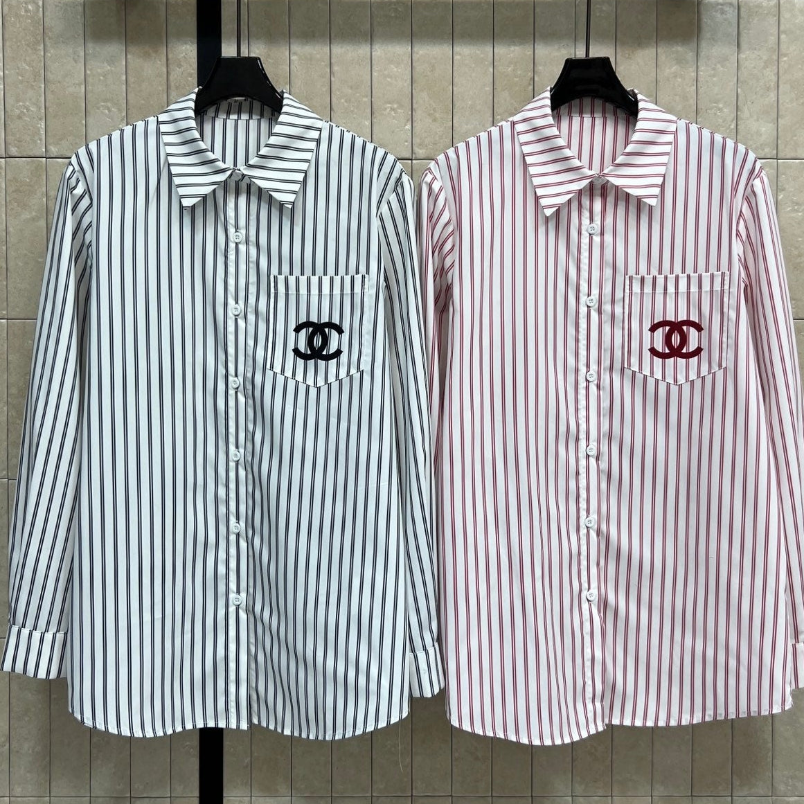 Chanel 2026 Logo Embroidered Striped Shirt Pink and Black Cotton 355062