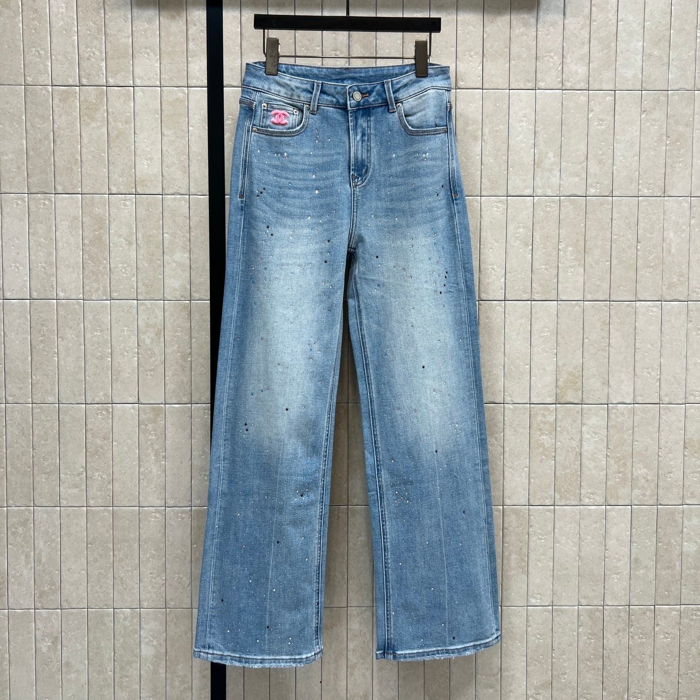 Chanel 2026 Embroidered Logo Rhinestone Wide-leg Jean Light Blue Cotton 356994