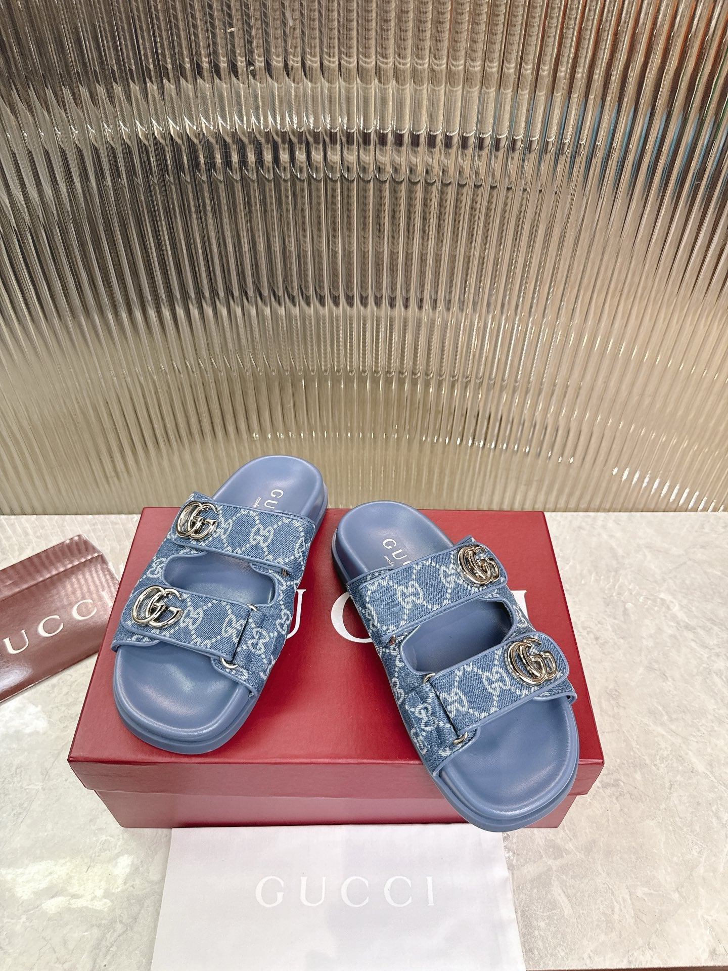 Gucci 2026 Double G Sandal Blue Denim Leather