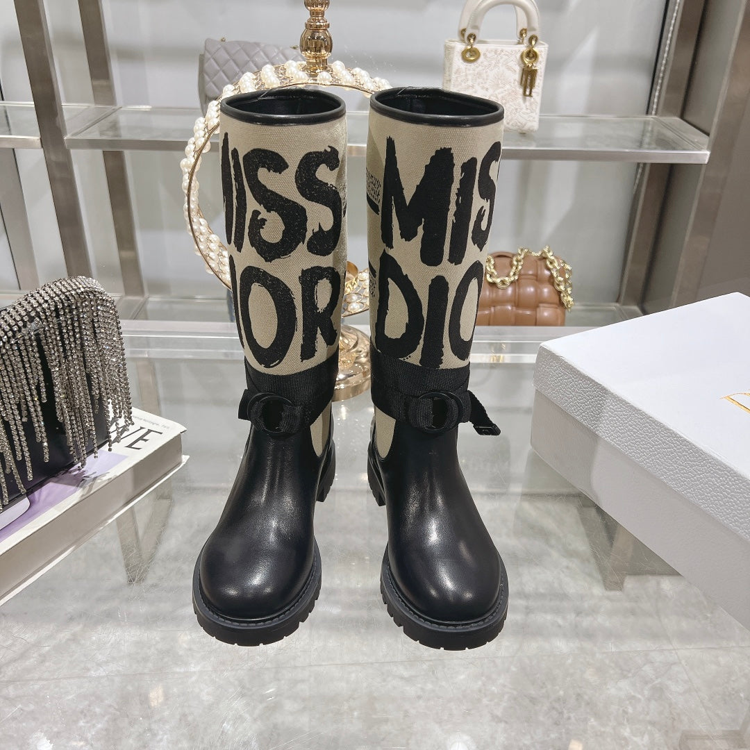 CD D-Major Boot Black Mix Beige Calfskin And Canvas