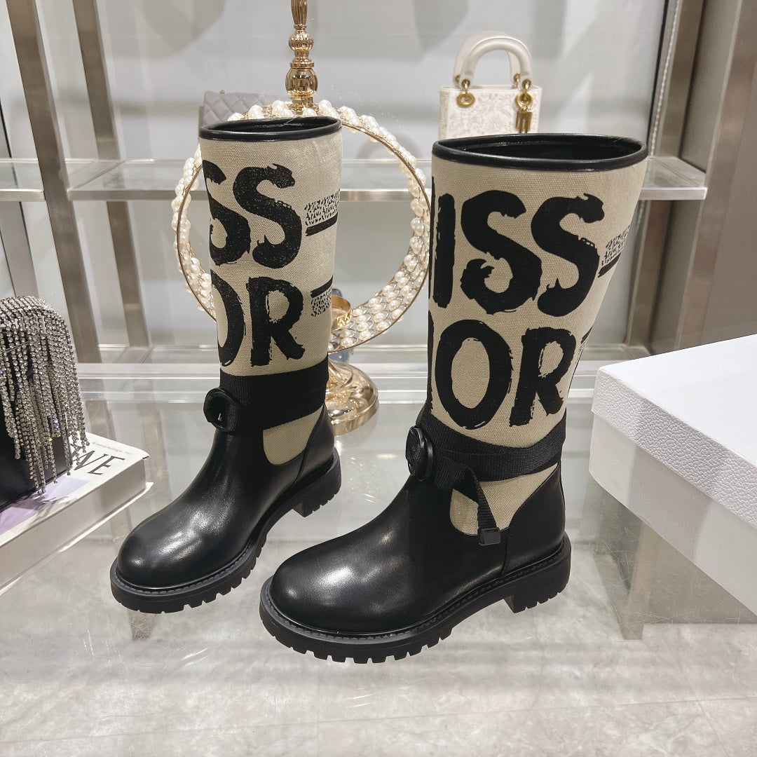 CD D-Major Boot Black Mix Beige Calfskin And Canvas