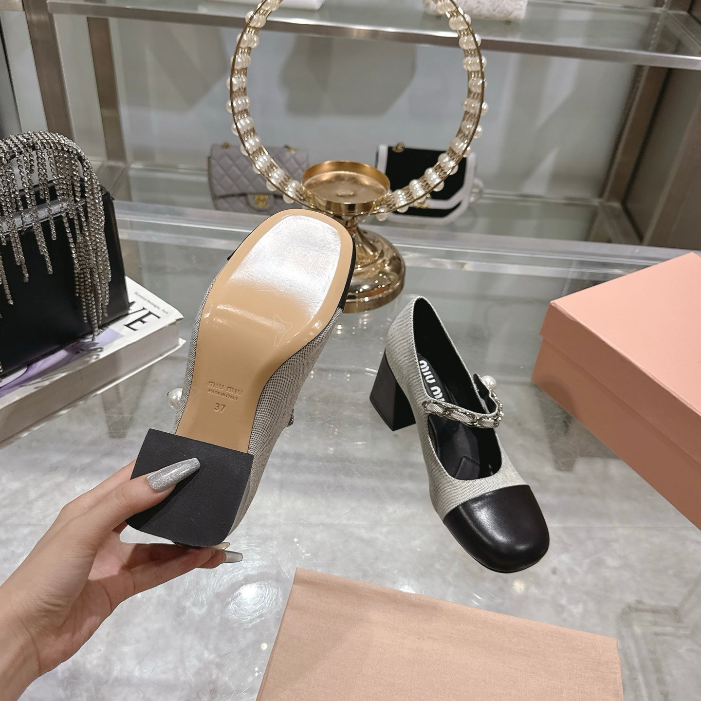 Miu 25C Mary Jane 75MM Beige Gray Mix Black Fabric 235368