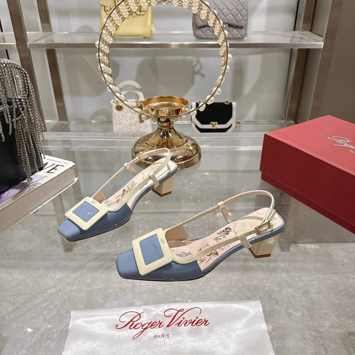 Viv 25 Flower Slingback Blue Italian Leather 300787