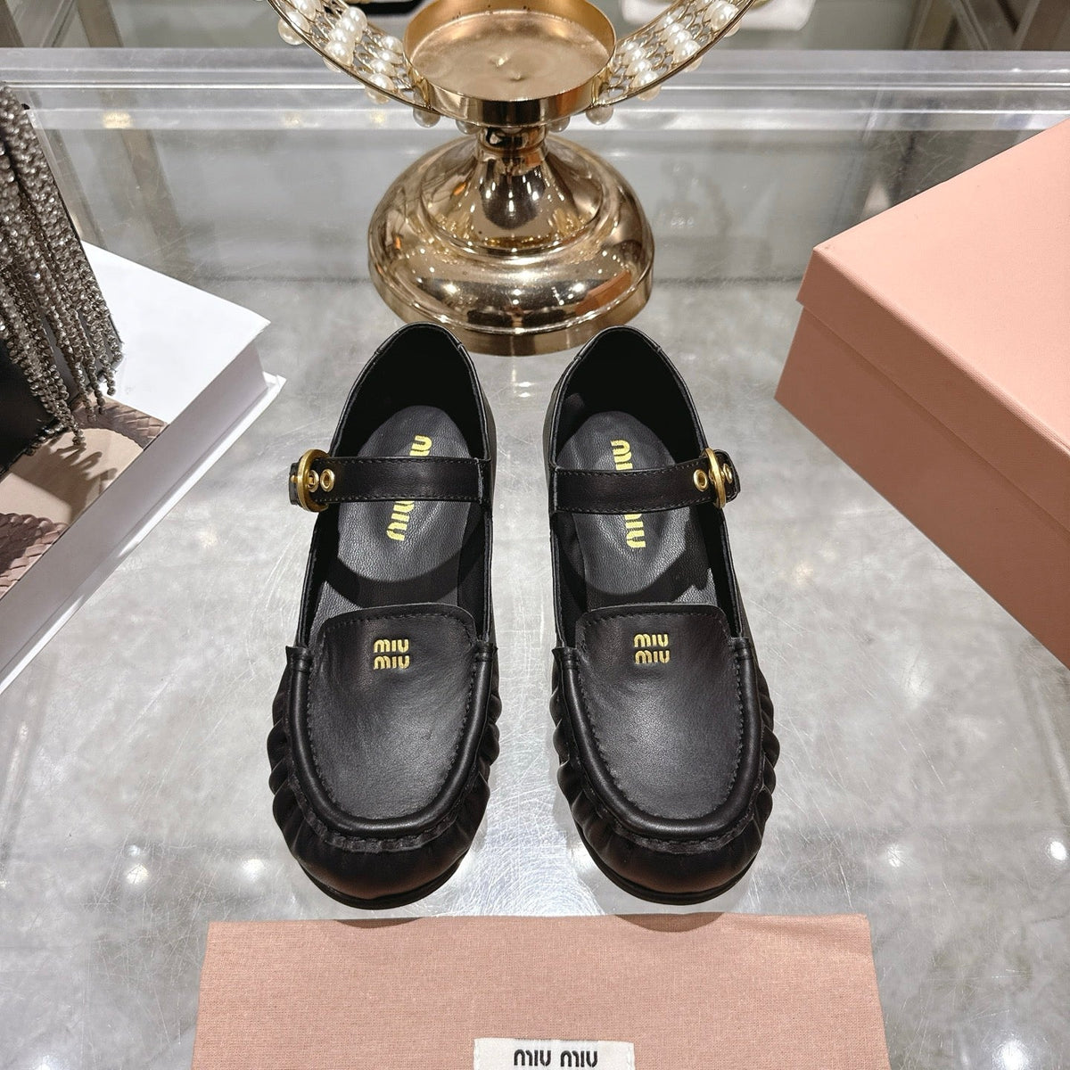 Miu Mary Jane Ballet Flats Black Leather 592041