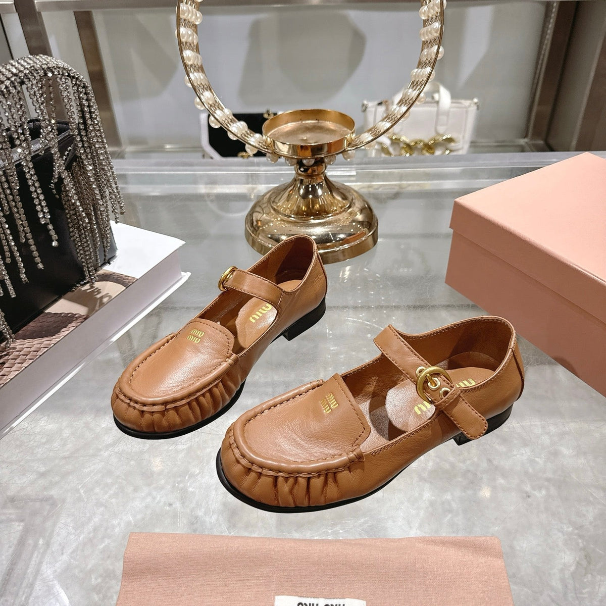 Miu Mary Jane Ballet Flats Camel Brown Calfskin 592045