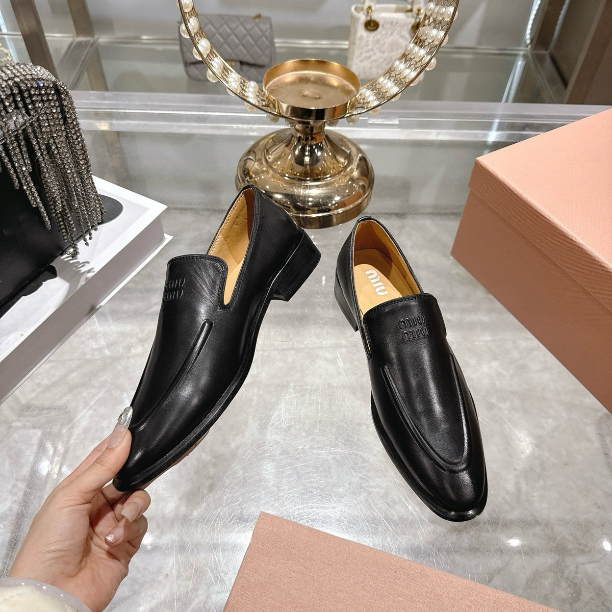 Miu Distressed Loafers Black Cowhide 592054