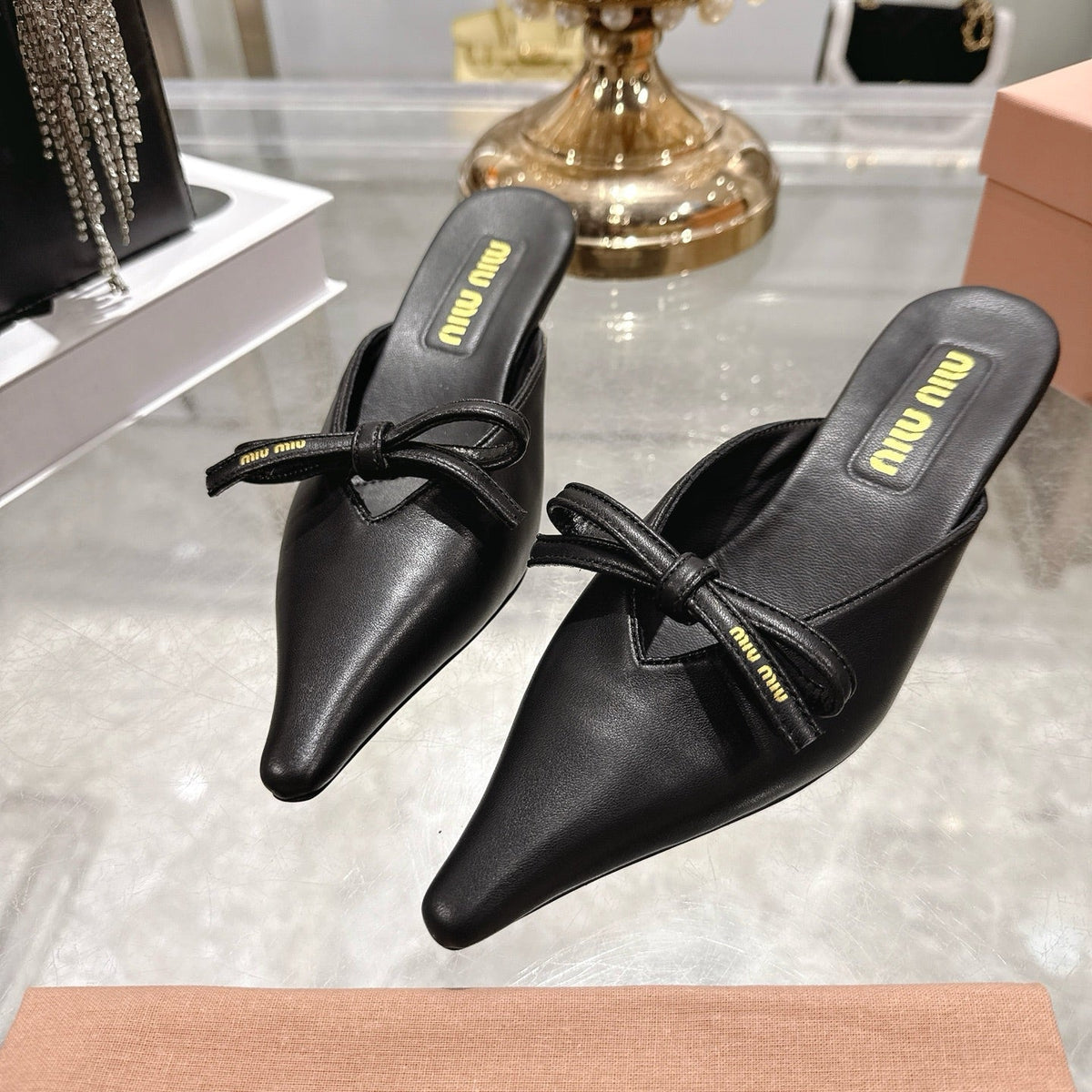 Miu 26 Pointed Toe Mule 45 Black  Sheepskin 592089