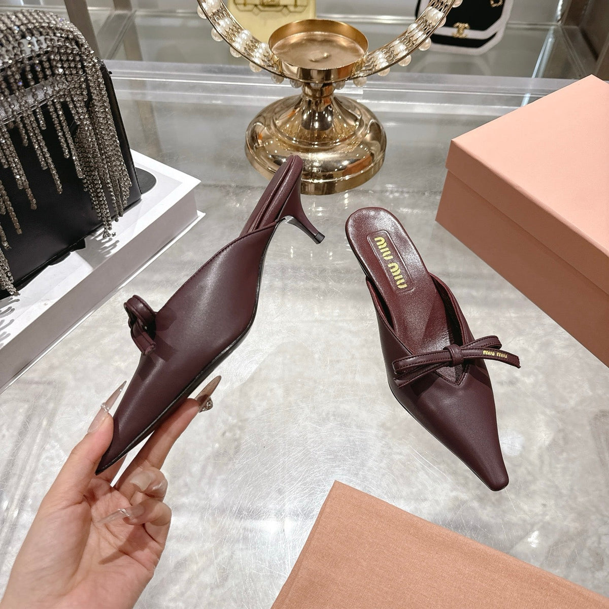 Miu 26 Pointed Toe Mule 45 Burgundy Sheepskin 592090