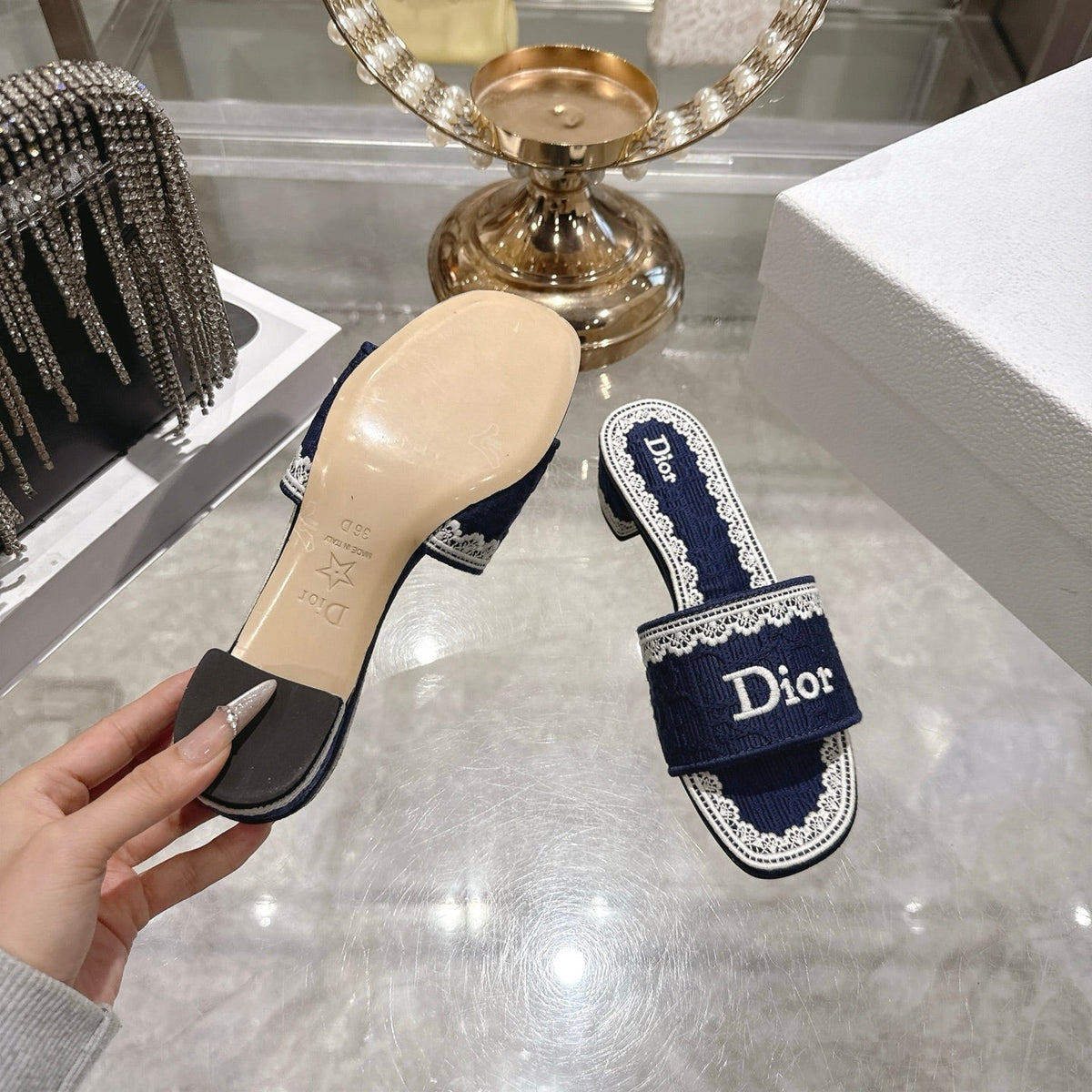 CD  26 Embroidered Sandals 45mm Dark Blue White Canvas 592238