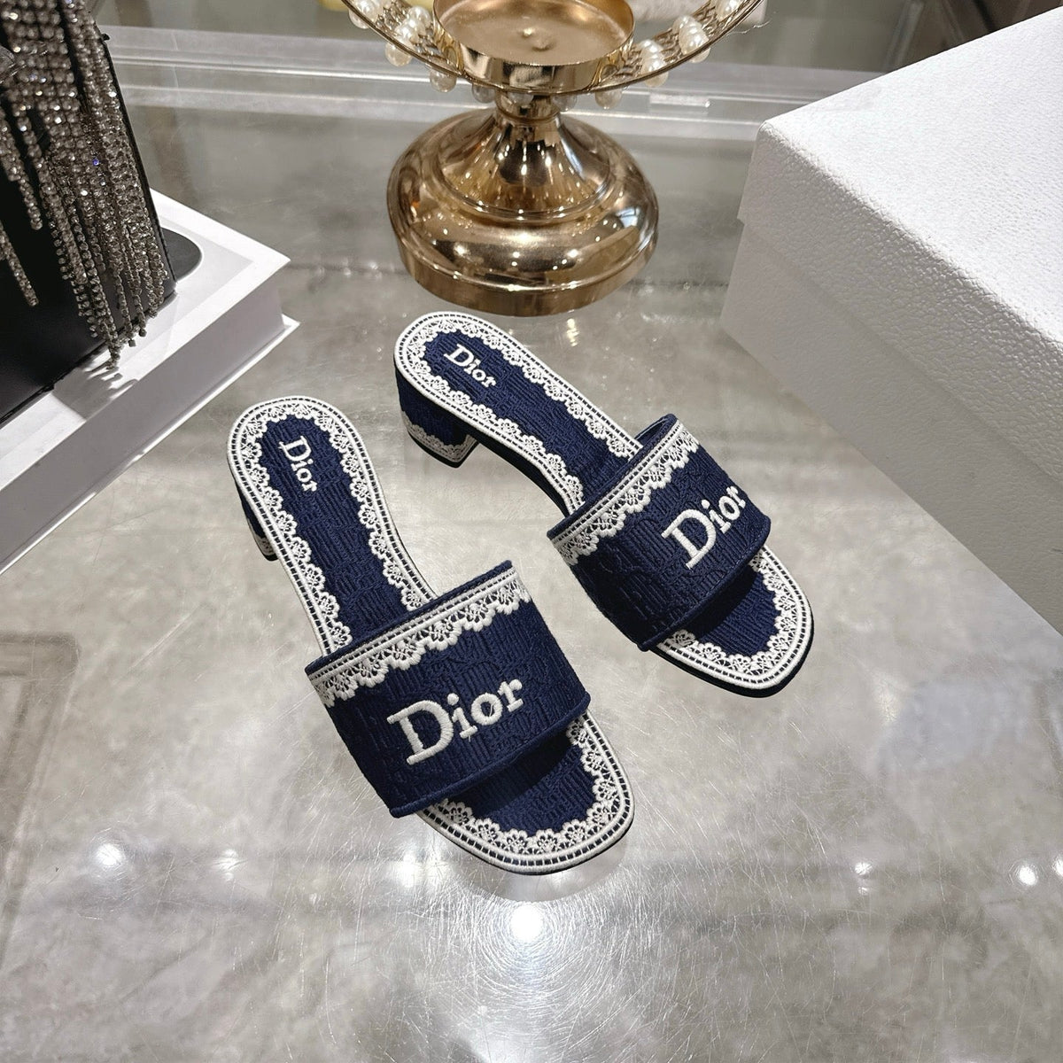 CD  26 Embroidered Sandals 45mm Dark Blue White Canvas 592238