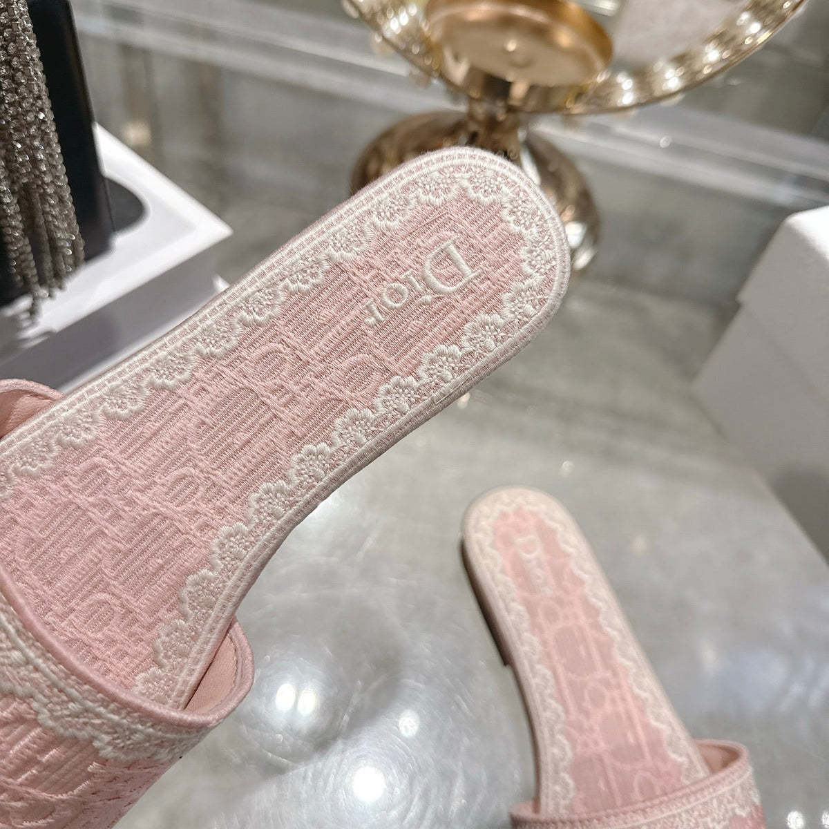 CD 26 Embroidered Sandals Pink White Canvas 592245