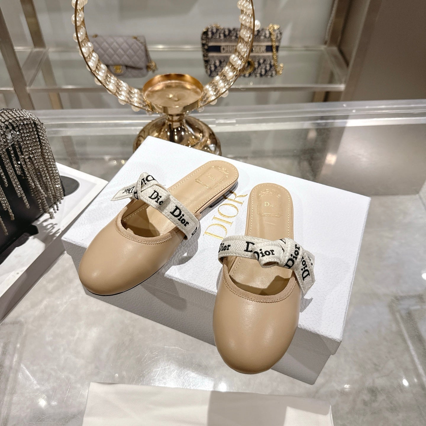 CD 26 Bow Flat Mules Embroidered Sheepskin