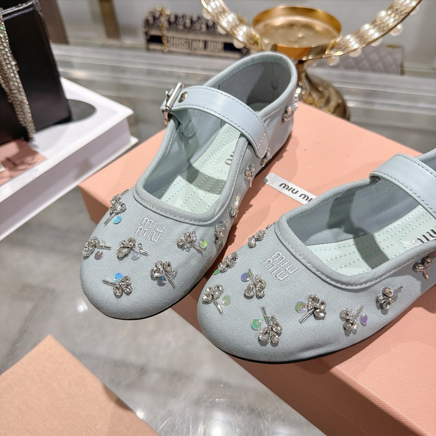 Miu Miu 2026 Ballet Flats With Rhinestone Embellishment 185550