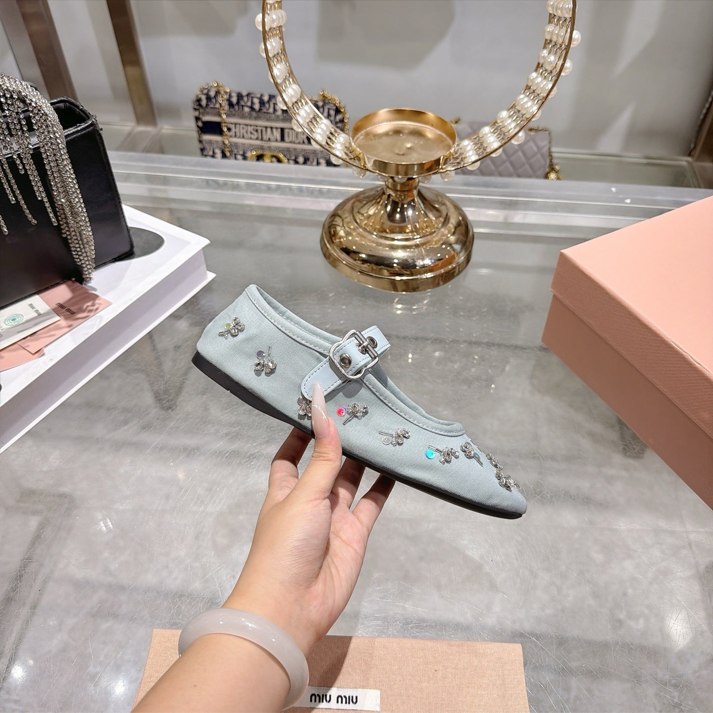 Miu Miu 2026 Ballet Flats With Rhinestone Embellishment 185550