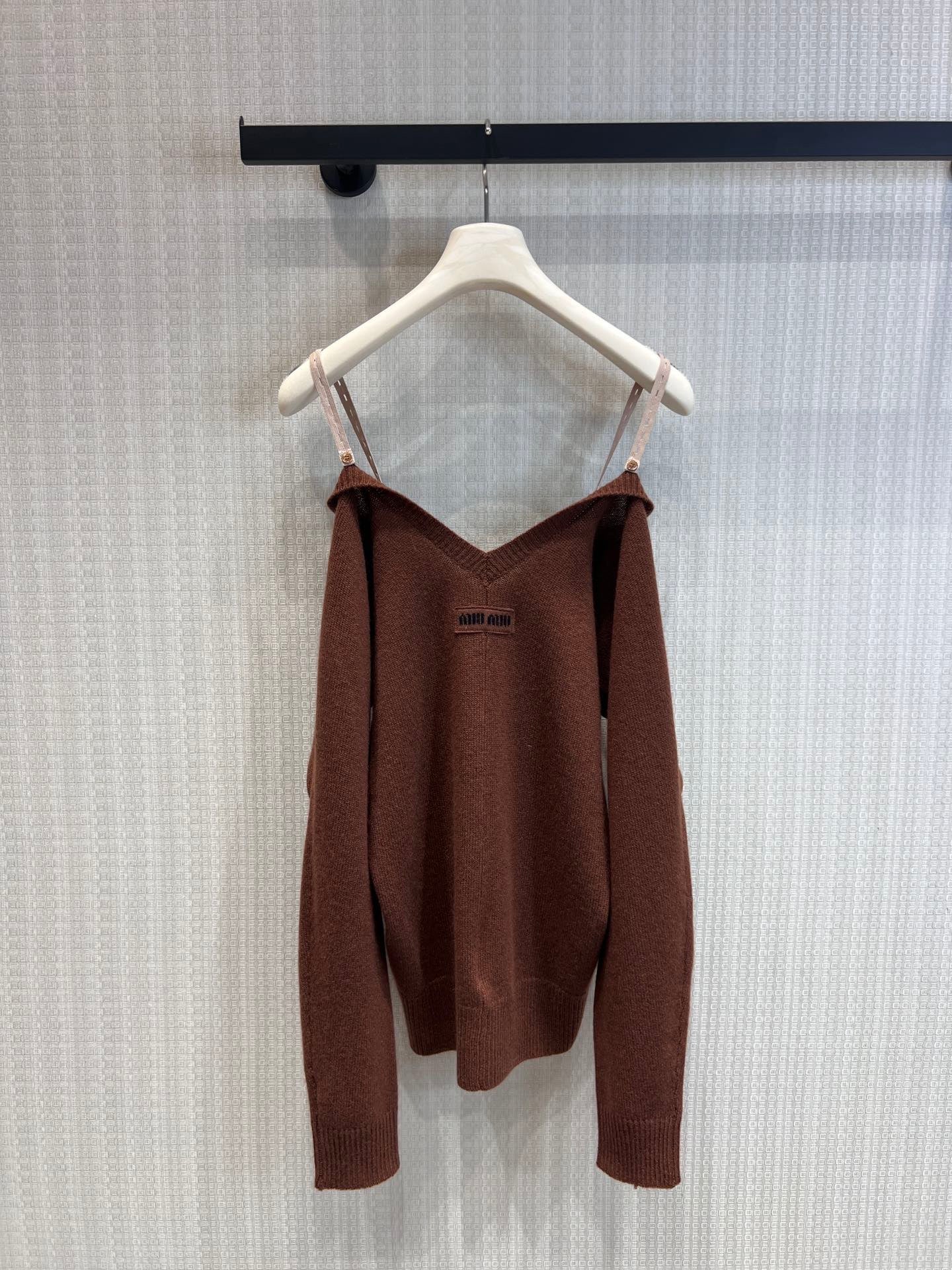 Miumiu 2026 Off-Shoulder Camisole Cardigan Caramel Cashmere 356940