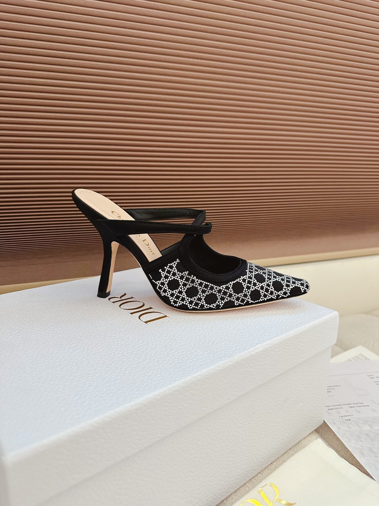 CD 26 High Heel Mule 95 Black Beige Mesh Fabric Sheepskin 614895