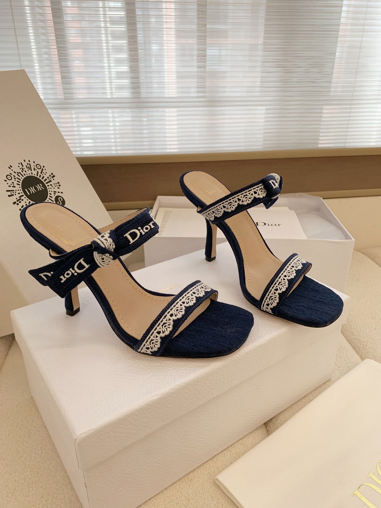 CD 26s High Heel Sandal 100 Navy Blue Canvas Sheepskin  664177