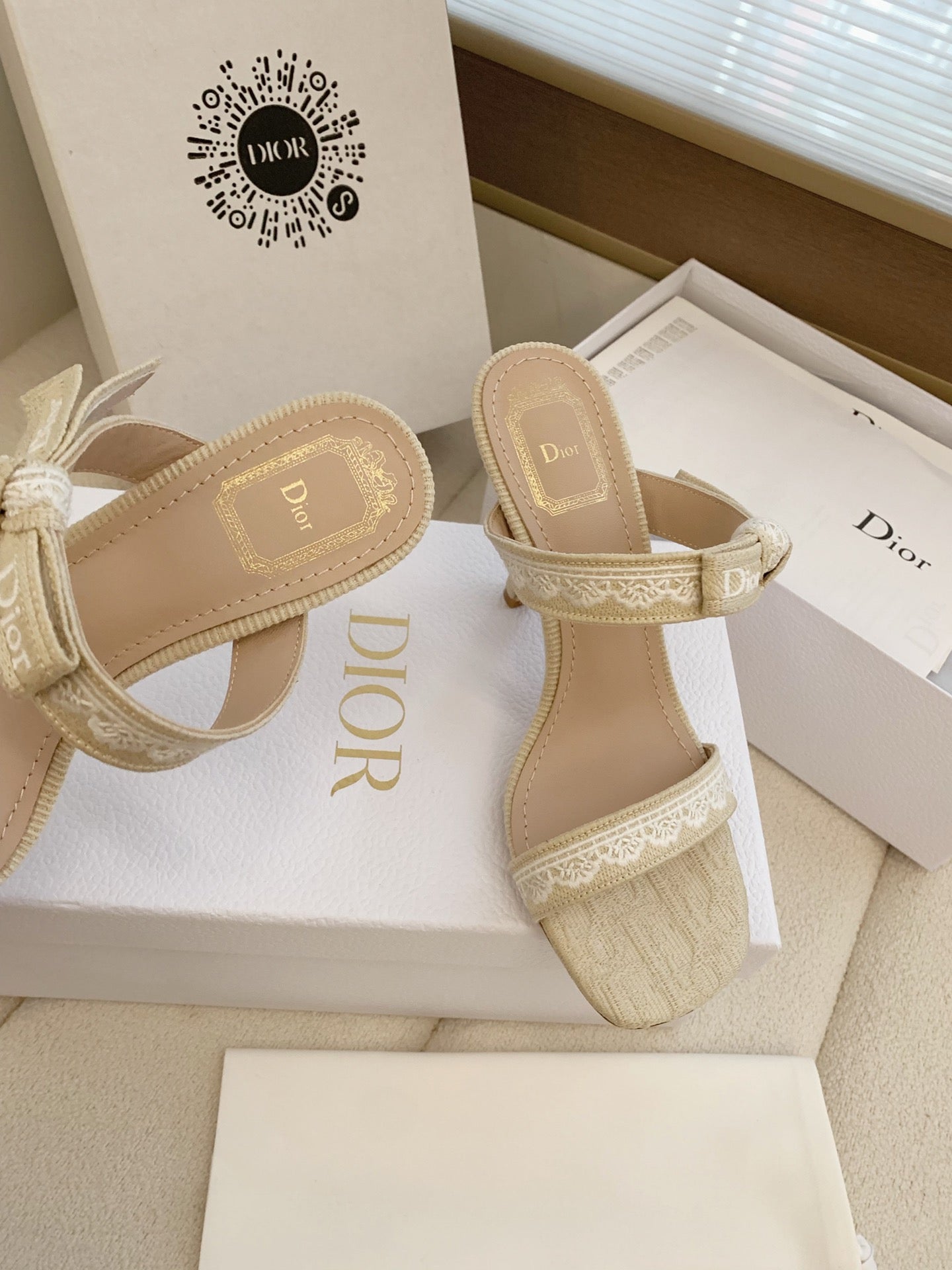 CD 26s High Heel Sandal 100 Beige Canvas Sheepskin  664179