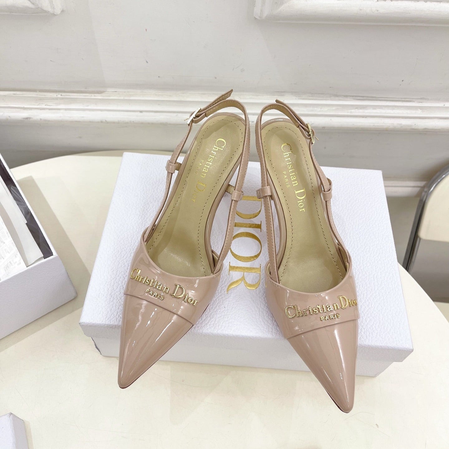 CD 25 Slingback Heel Pink Nude Patent Leather 307435