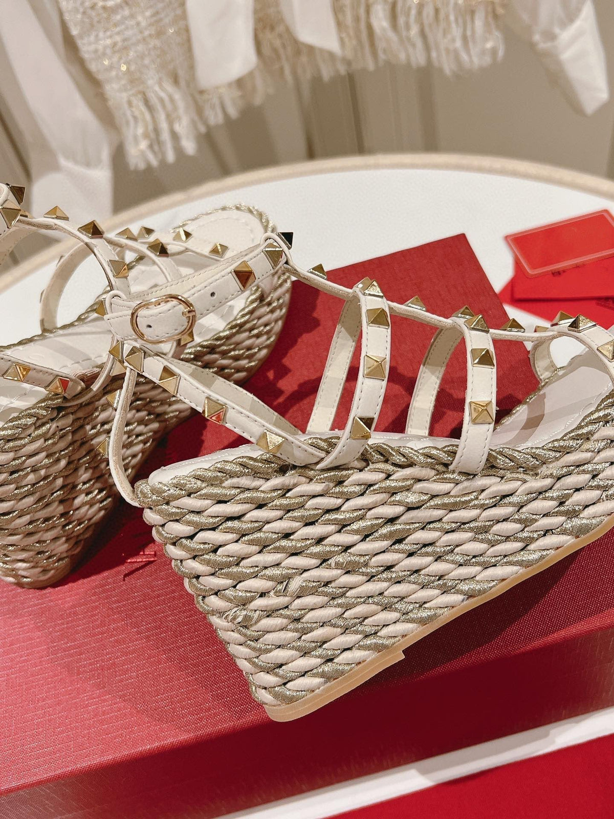 Rockstud Ankle Strap Wedge Sandal Calfskin White 10cm