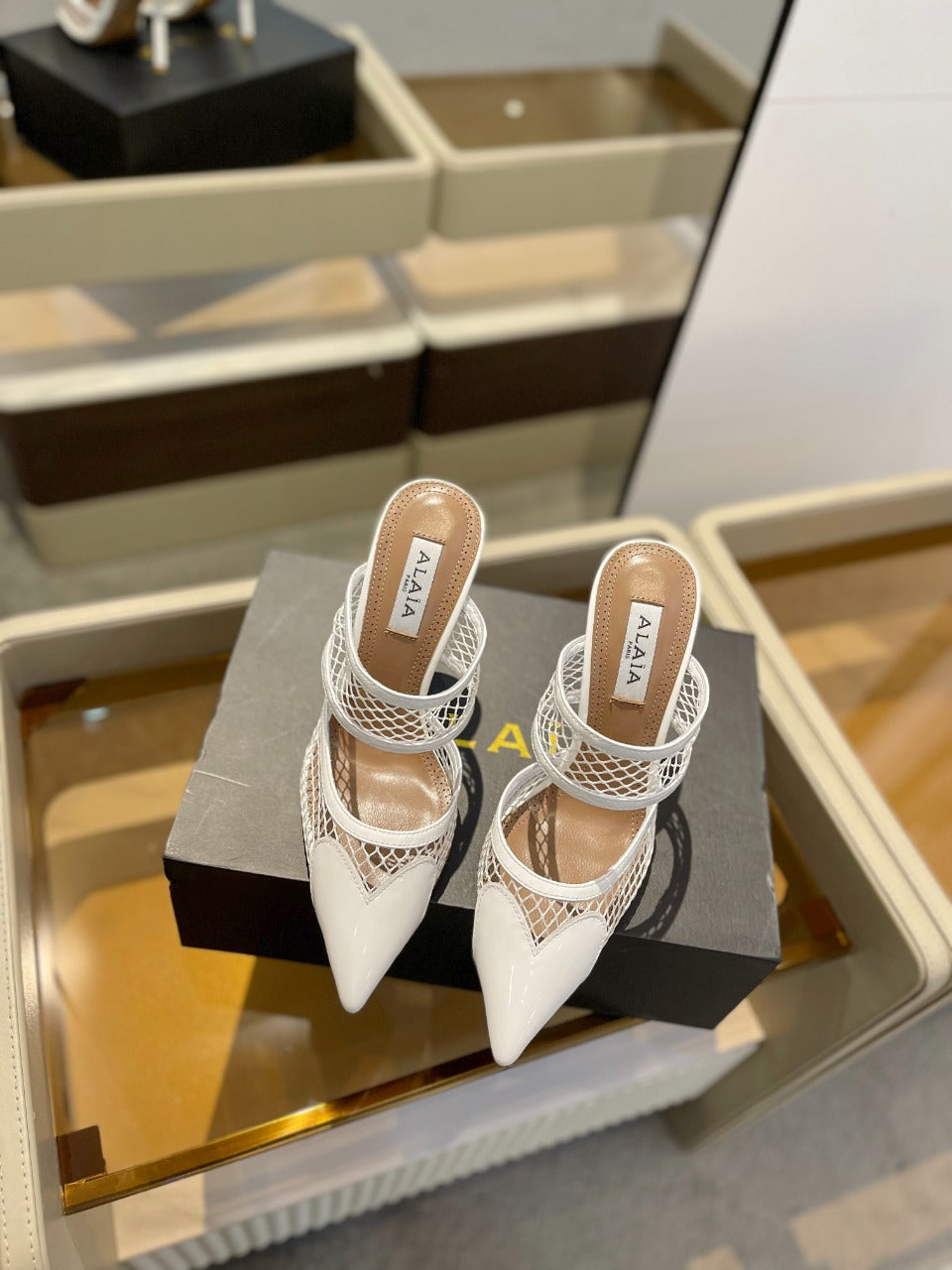 alaia mule 110 fishnet white heart lambskin