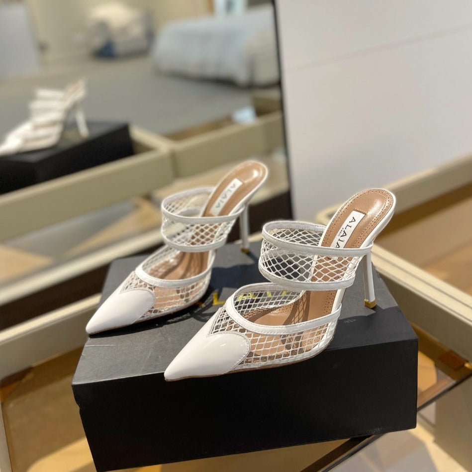 alaia mule 110 fishnet white heart lambskin