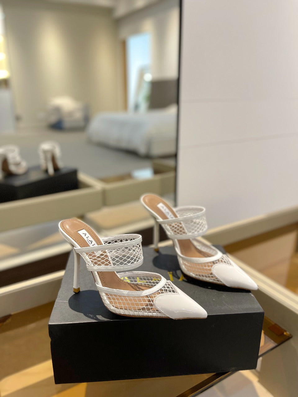 alaia mule 110 fishnet white heart lambskin