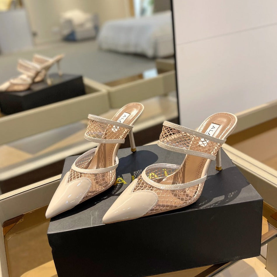 alaia mule 85 fishnet cream heart lambskin