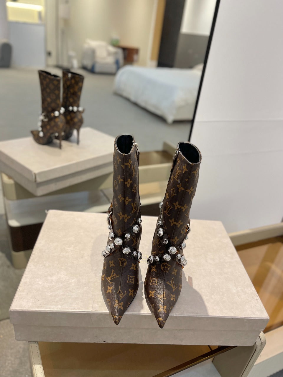 LV Ankle Boots 100mm Dark Brown Monogram Lambskin
