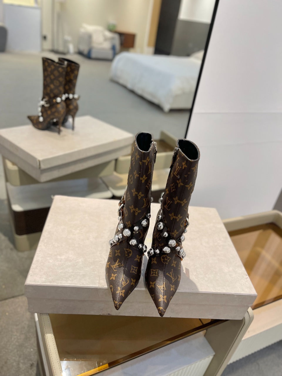 LV Ankle Boots 100mm Dark Brown Monogram Lambskin