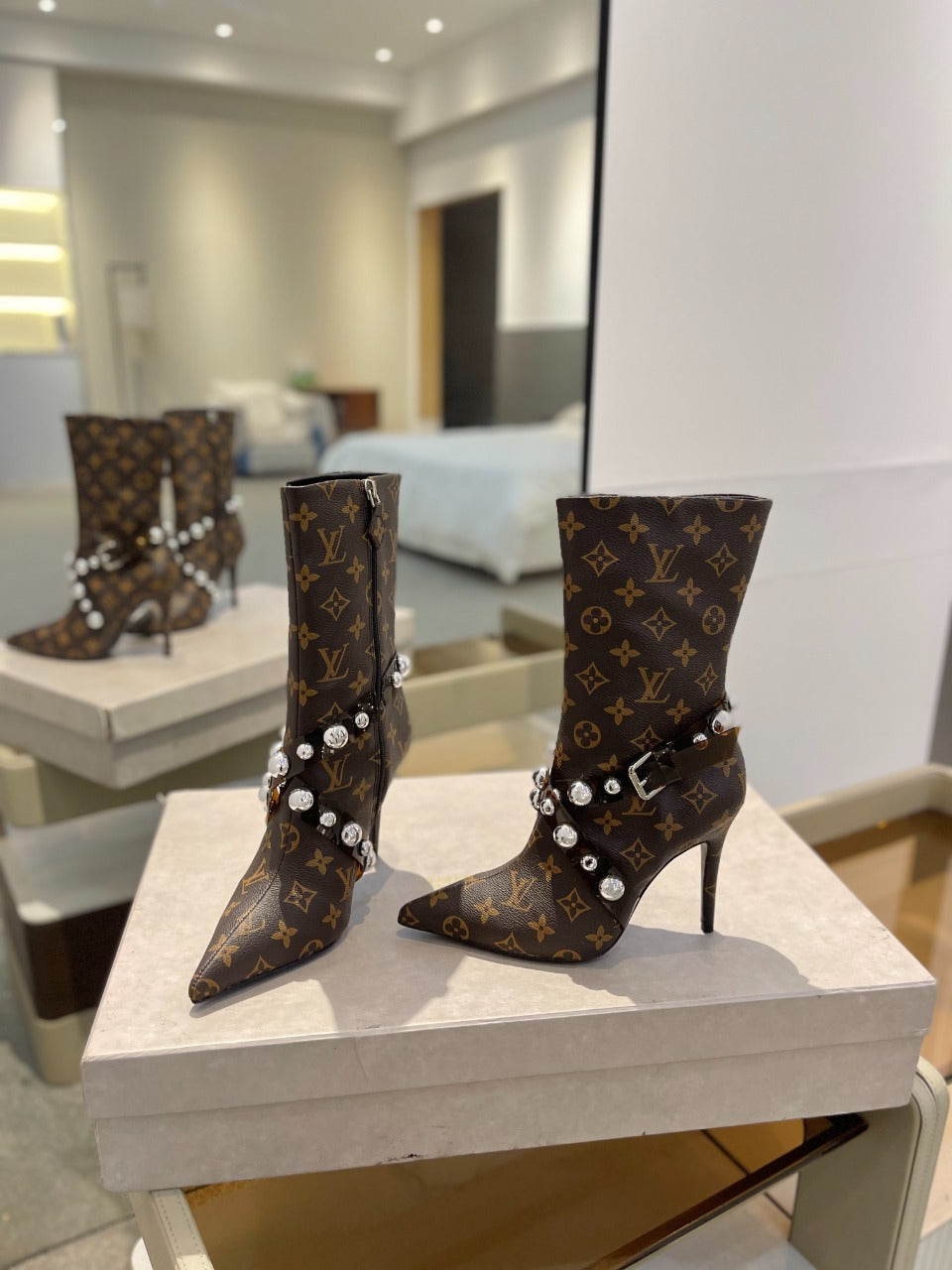 LV Ankle Boots 100mm Dark Brown Monogram Lambskin
